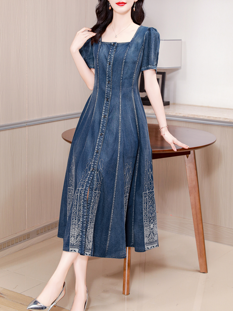 Embroidery Garments - TIYIHAILEY-Long Mid-Calf Short Sleeve Denim Dress,