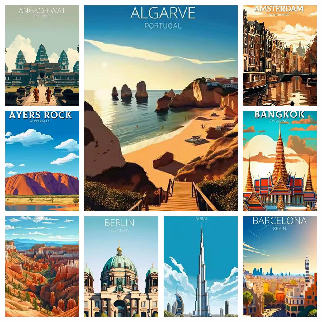 Embroidery Cross Stitch Patterns - Retro Holiday Travel City Algarve Amsterdam