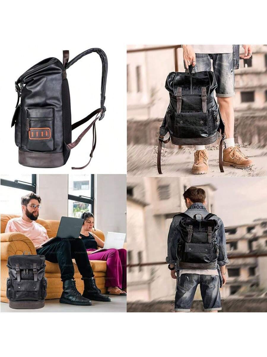 Embroidery Computer - Vintage Black Leather Laptop Backpack For