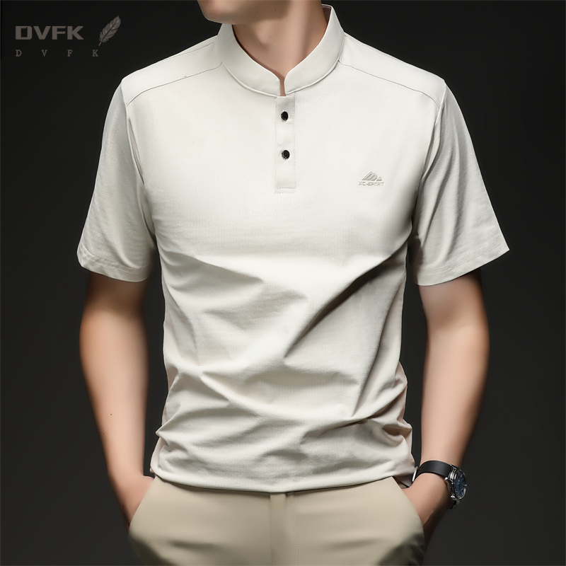 Embroidery Knit - Mens Short Sleeve Mandarin Collar Sport