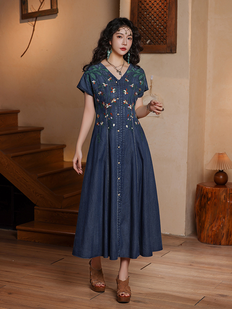Embroidery Garments - TIYIHAILEY Women Denim Dresses Long Mid-Calf
