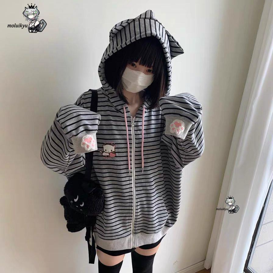 Y2K Women Striped Zip Up Jacke - Embroidery Knit のレビューと価格